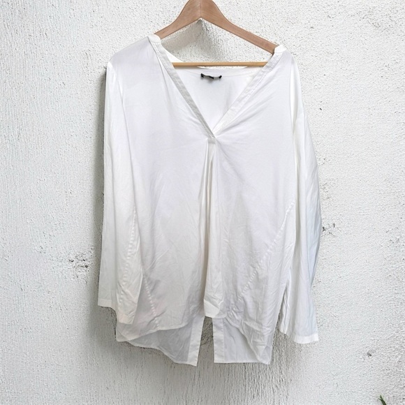 Theory White V-Neck Tunic Blouse – Minimalist Draped Fit M cotton - Picture 1 of 8
